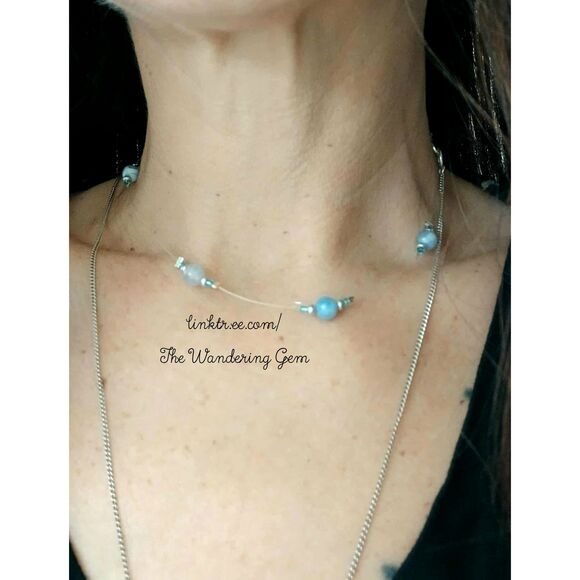 Floating Agate Gemstone Choker Necklace, Blue Lace Agate, 14" - Picture 4 of 4